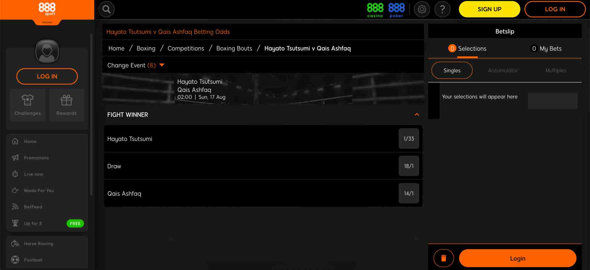 888sport betting odds for Hayato Tsutsumi vs Qais Ashfaq fight with win, draw, and lose options displayed.