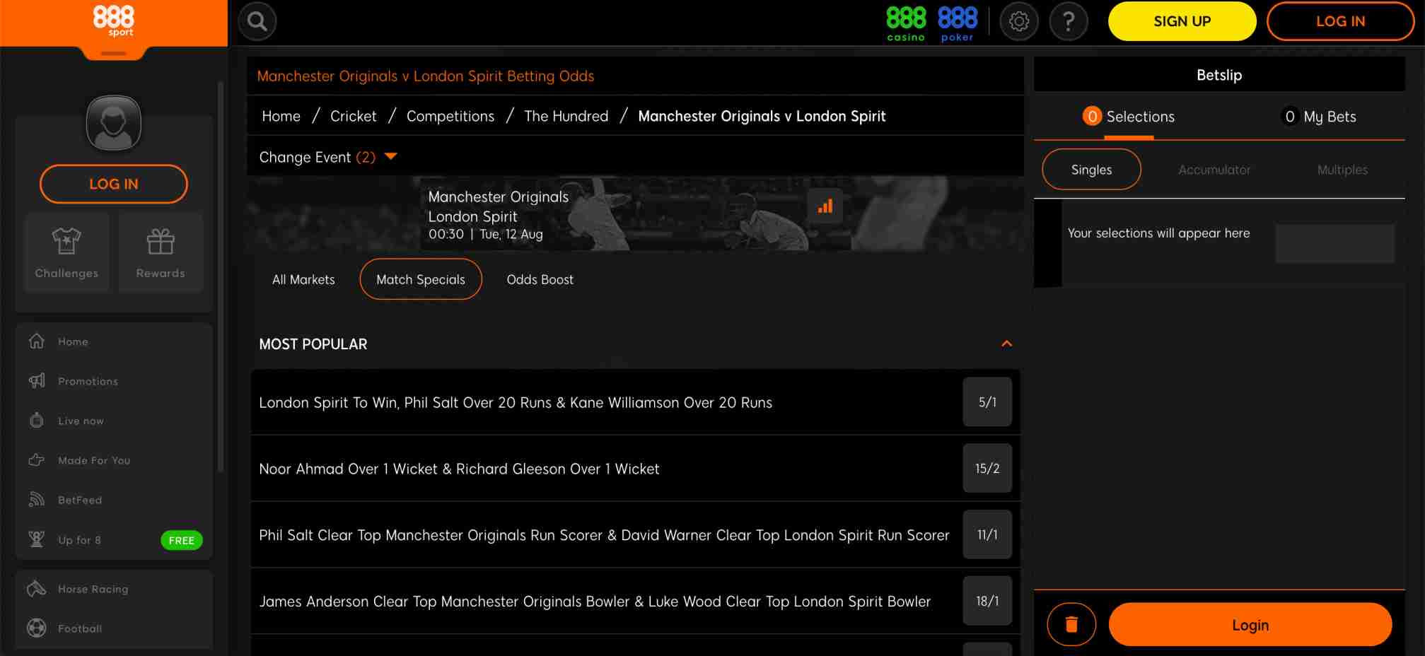 888sport cricket betting page for Manchester Originals vs London Spirit with match specials and odds