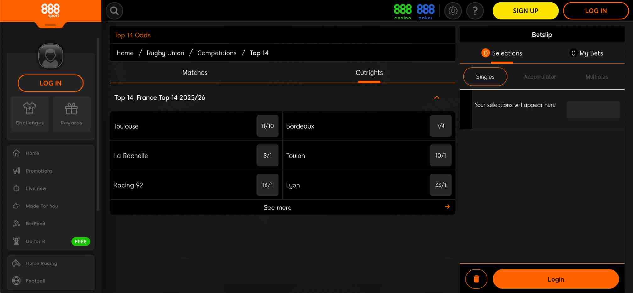 888sport rugby union Top 14 outrights showing France 2025/26 odds