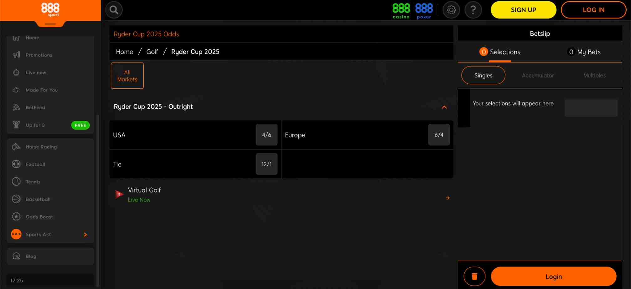 888sport Ryder Cup 2025 golf betting odds for USA, Europe, and tie — will 888sport ban me if I win too much?