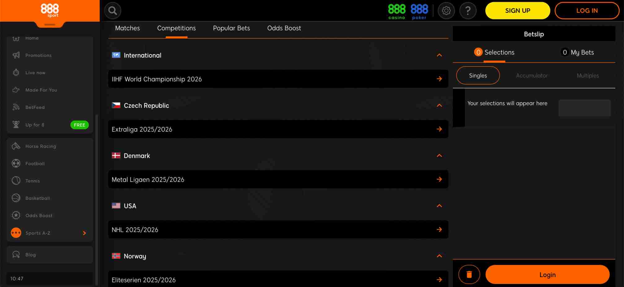 888sport sports betting competitions list with international and national leagues