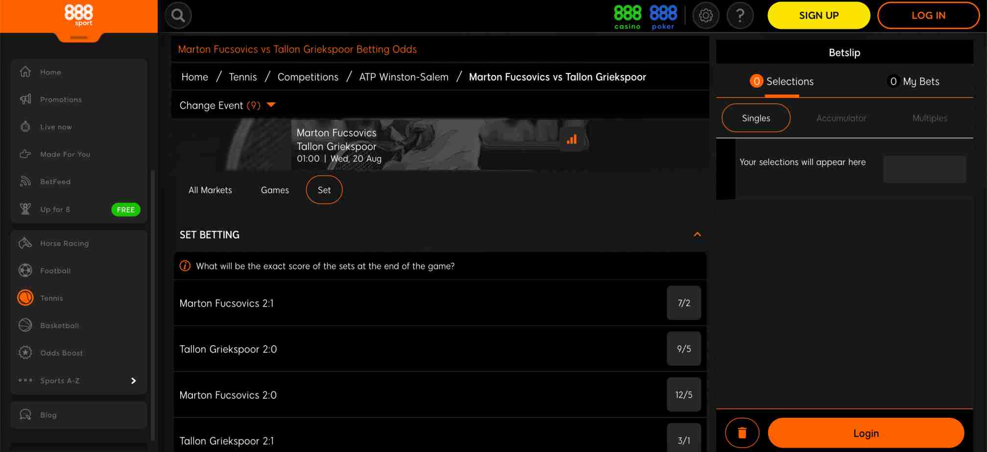 Tennis betting odds on 888sport for Marton Fucsovics vs Tallon Griekspoor match