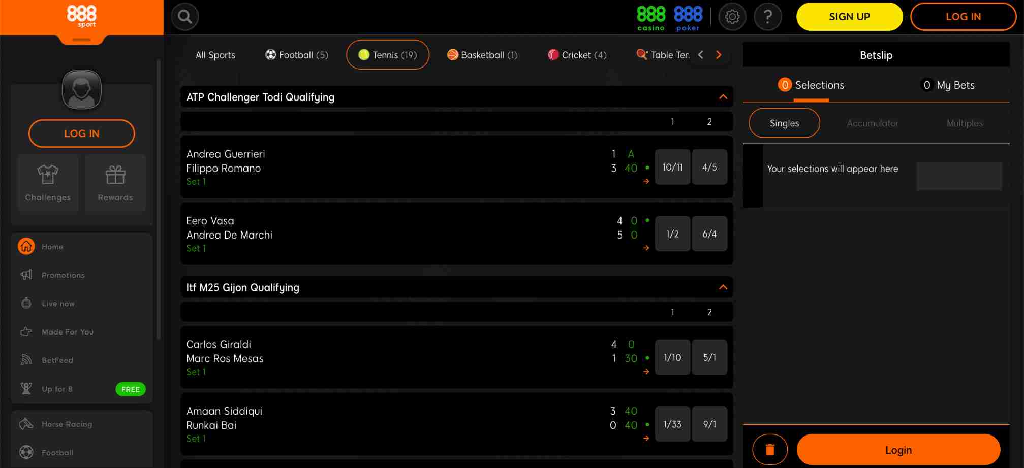 888sport tennis betting interface showing multiple live match scores and odds for ATP Challenger and ITF M25 qualifying events.