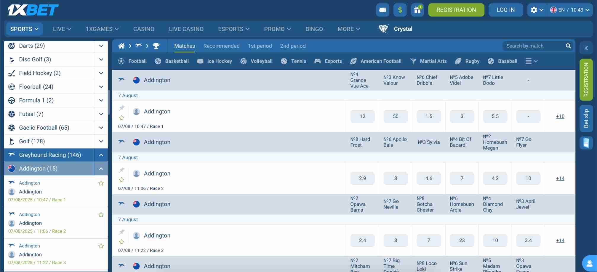 Greyhound racing betting interface on 1xBet showing Addington race odds and selections.