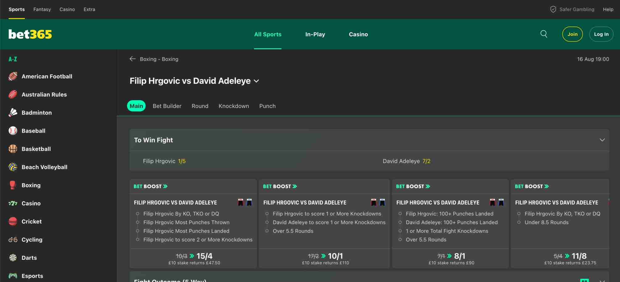 Bet365 boxing odds for Filip Hrgovic vs David Adeleye fight