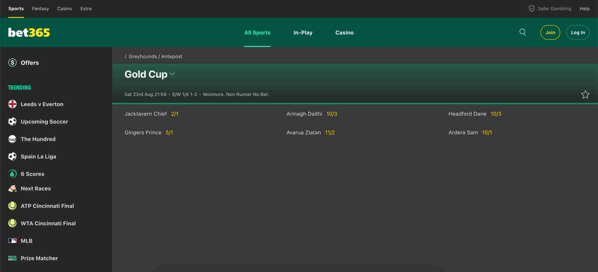 Bet365 greyhound racing Gold Cup betting odds displayed on the sportsbook platform.
