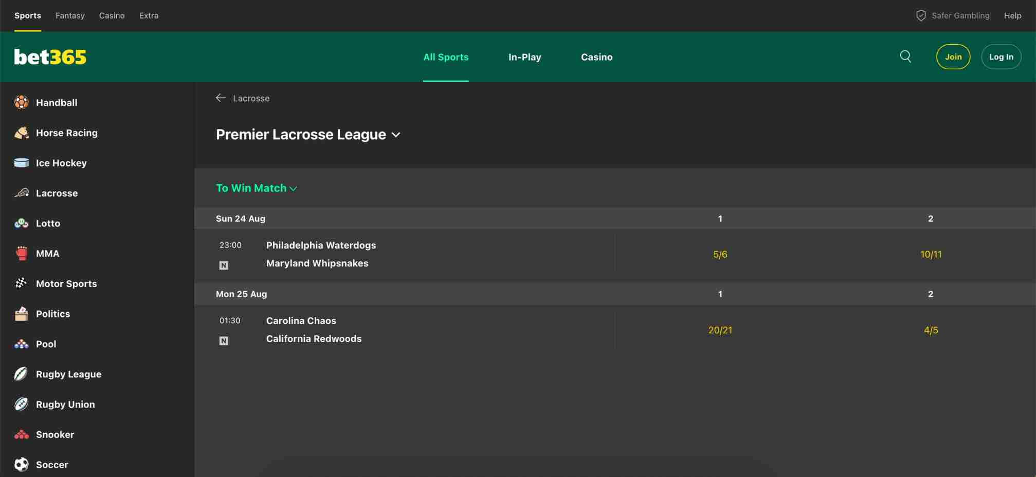 Bet365 Premier Lacrosse League match odds display for upcoming games.