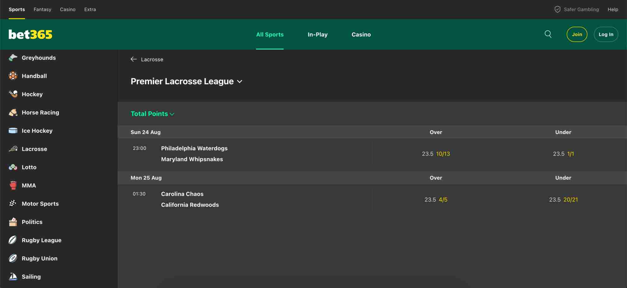 Bet365 Visa deposit Nigeria guide showing Premier Lacrosse League betting odds