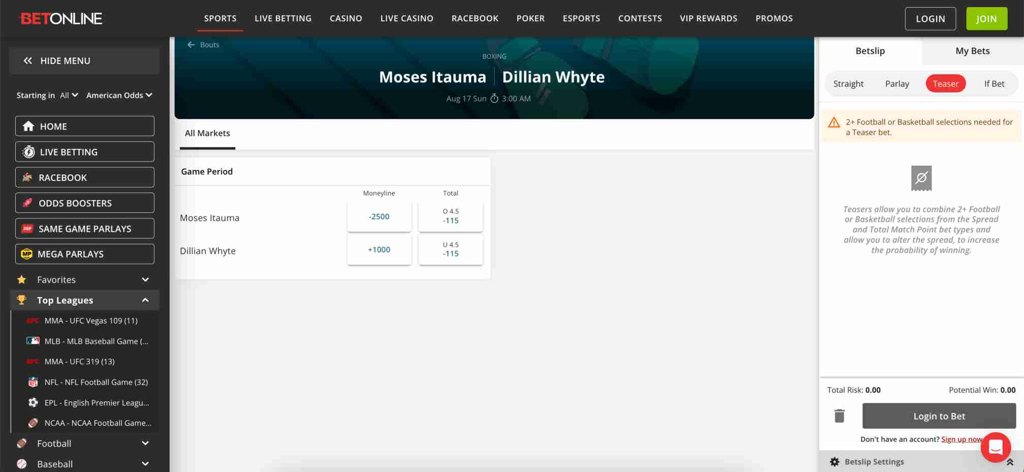 Boxing betting interface on BetOnline for the Moses Itauma vs. Dillian Whyte match, part of the platform’s features relevant to BetOnline bank withdrawal Pakistan users.