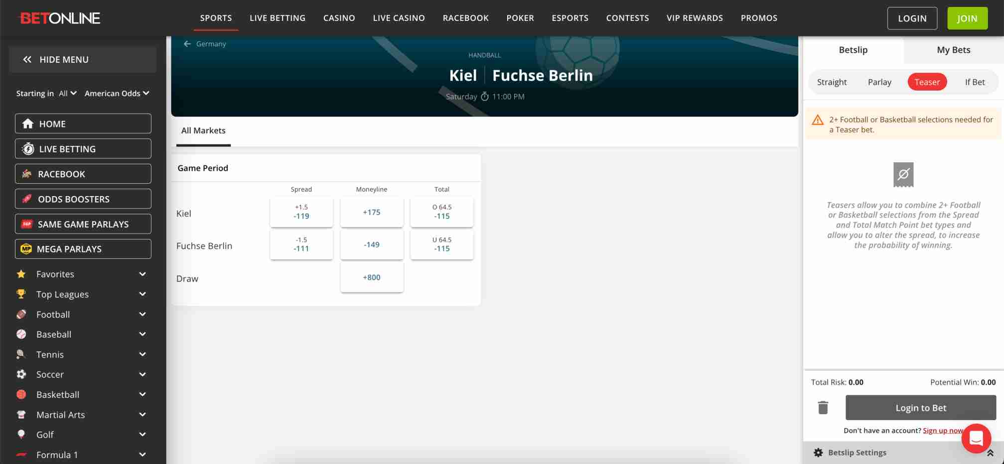 BetOnline betting odds for Kiel vs Fuchse Berlin handball match including spread, moneyline, and totals