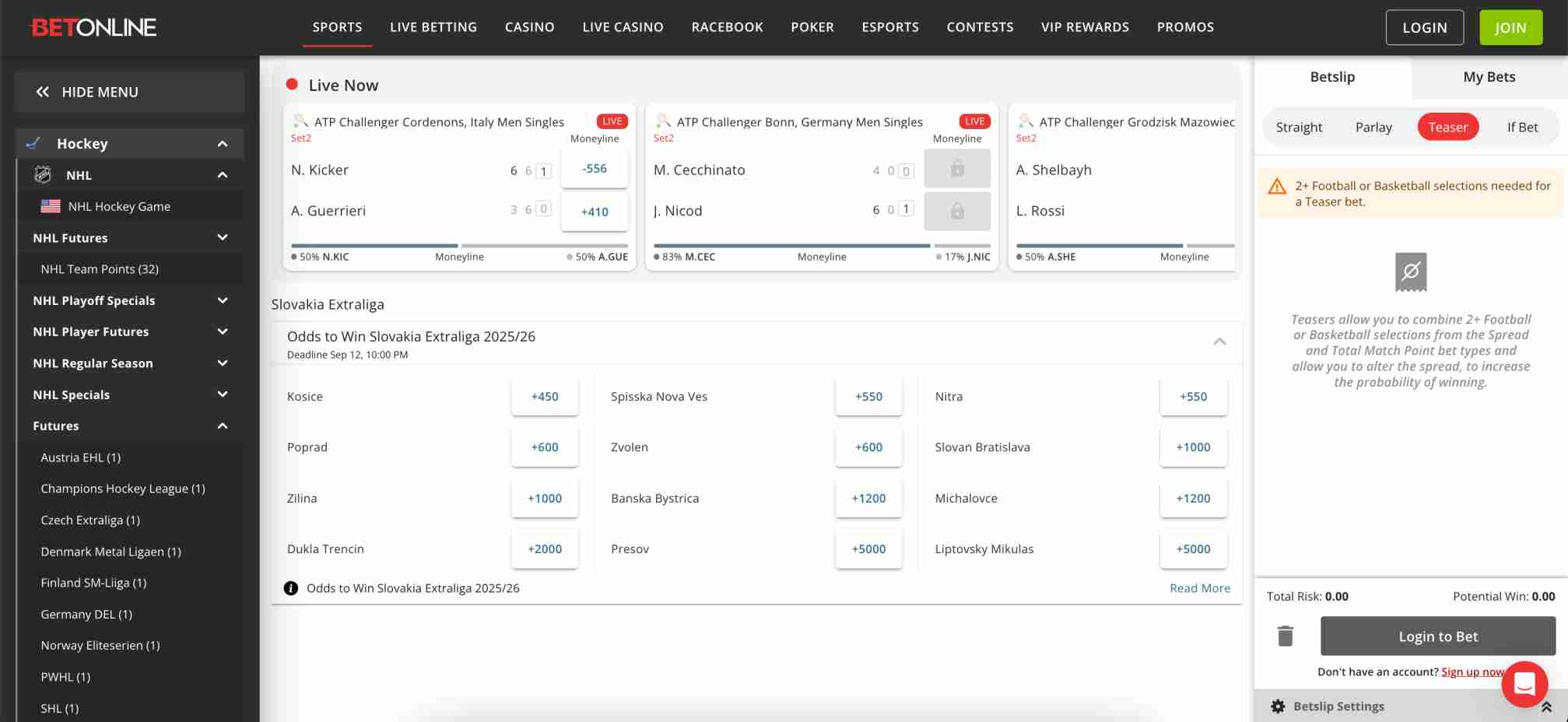 Live hockey and tennis betting interface on BetOnline with Slovakia Extraliga futures, relevant to BetOnline accumulator bonus not paid discussions.