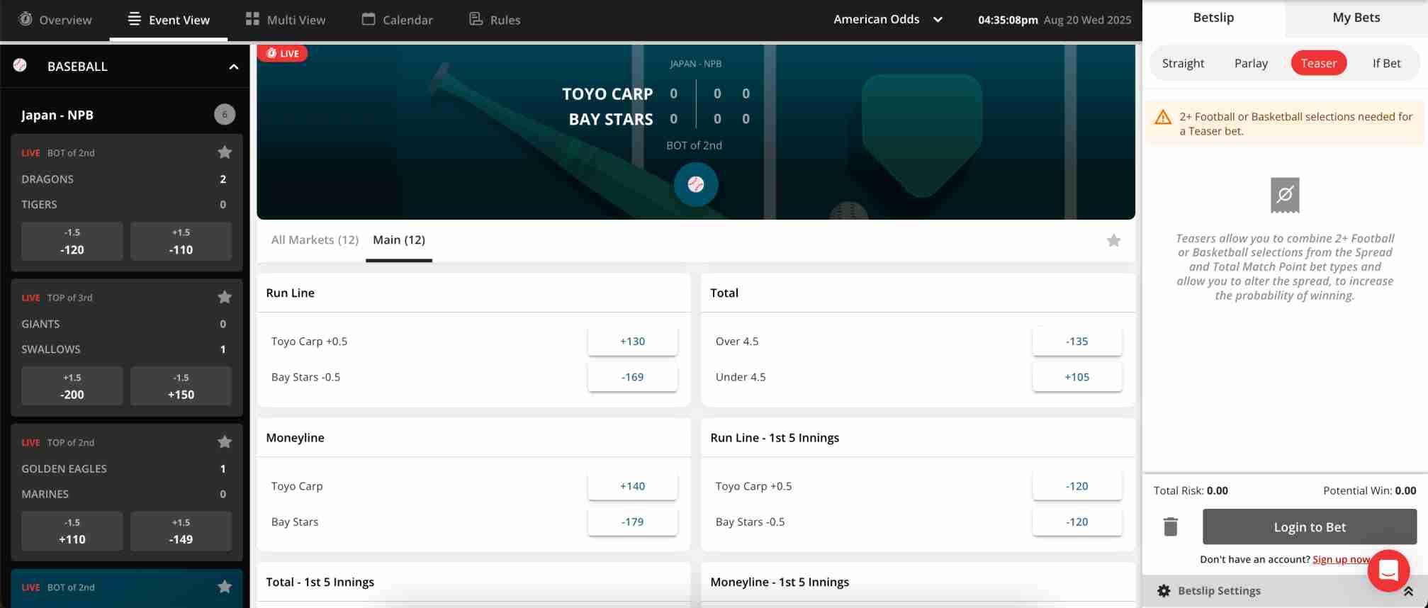BetOnline live baseball betting screen showing Toyo Carp vs Bay Stars odds including run line, moneyline, and total markets