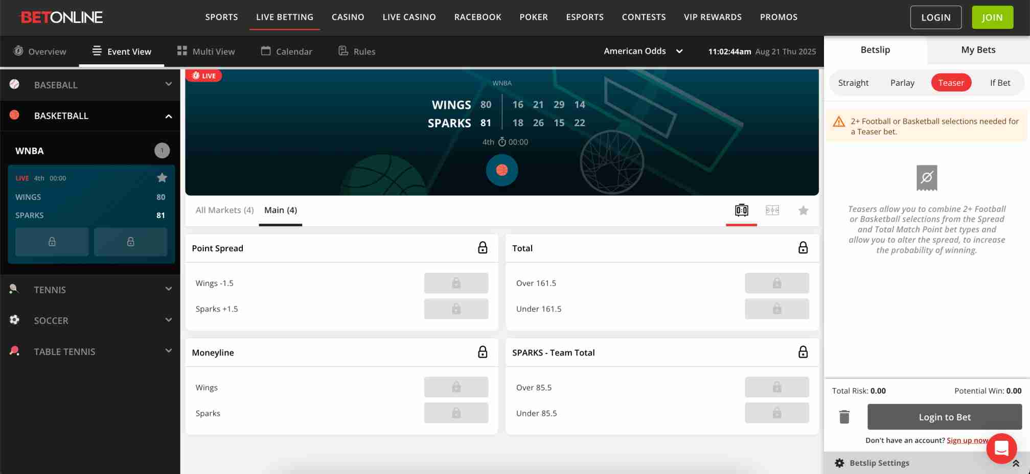 BetOnline live basketball betting screen with point spread, totals, and moneyline options