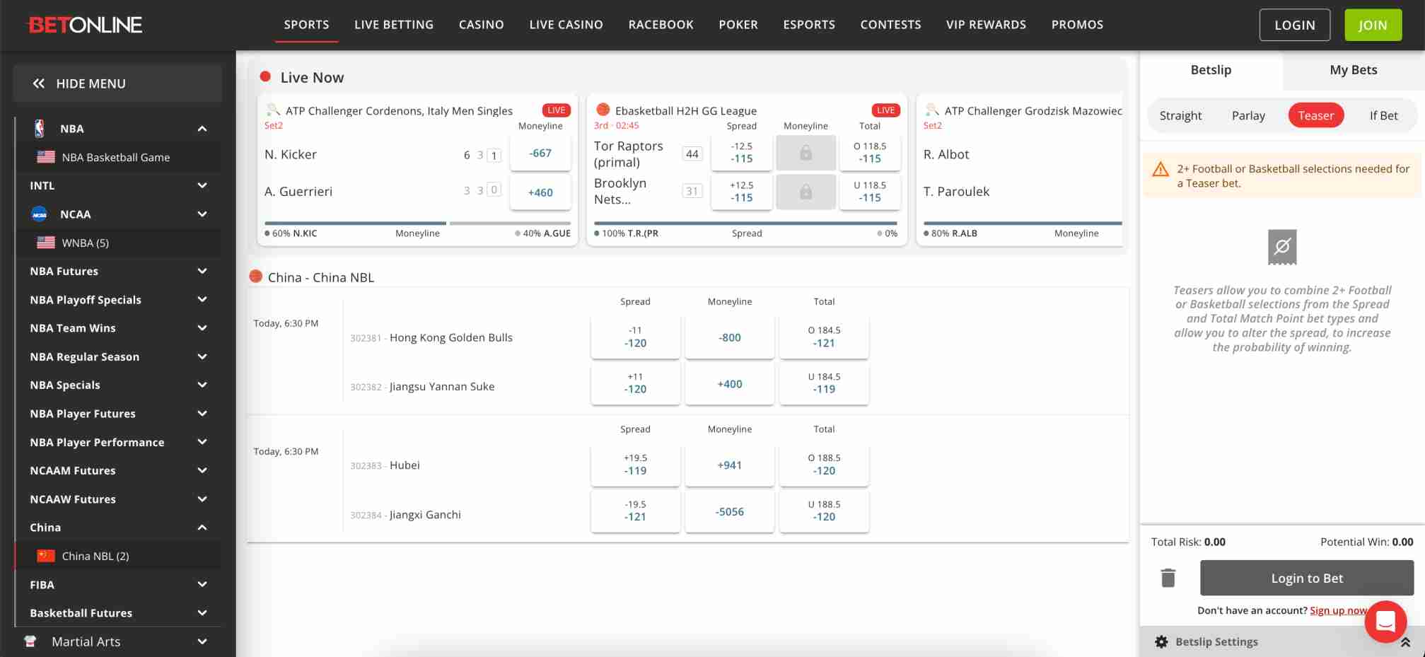 Live sports betting screen on BetOnline featuring basketball and tennis odds, with teaser bet note relevant to questions like BetOnline can I withdraw to a different card.