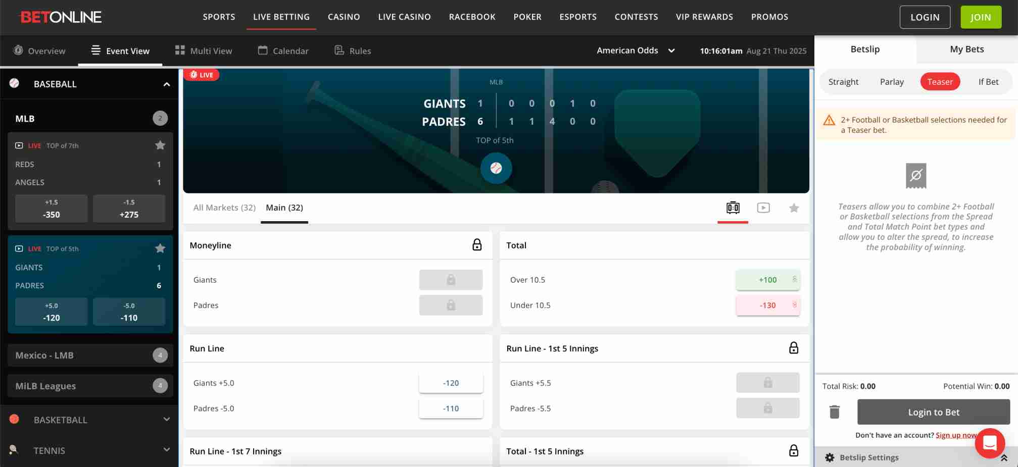 Live baseball betting screen on BetOnline showing Giants vs Padres game odds