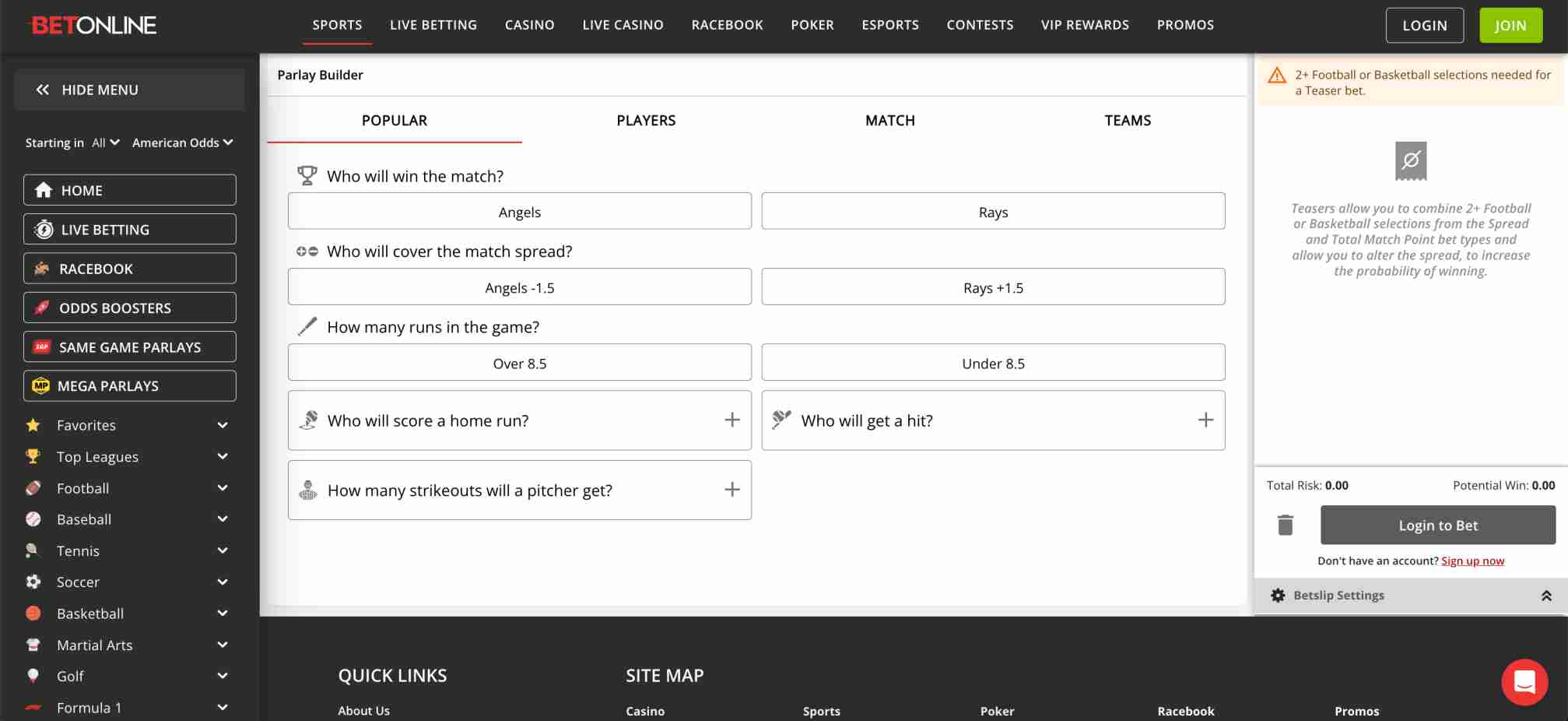 BetOnline Parlay Builder interface with player and match options, useful for crypto deposit users in the UAE.