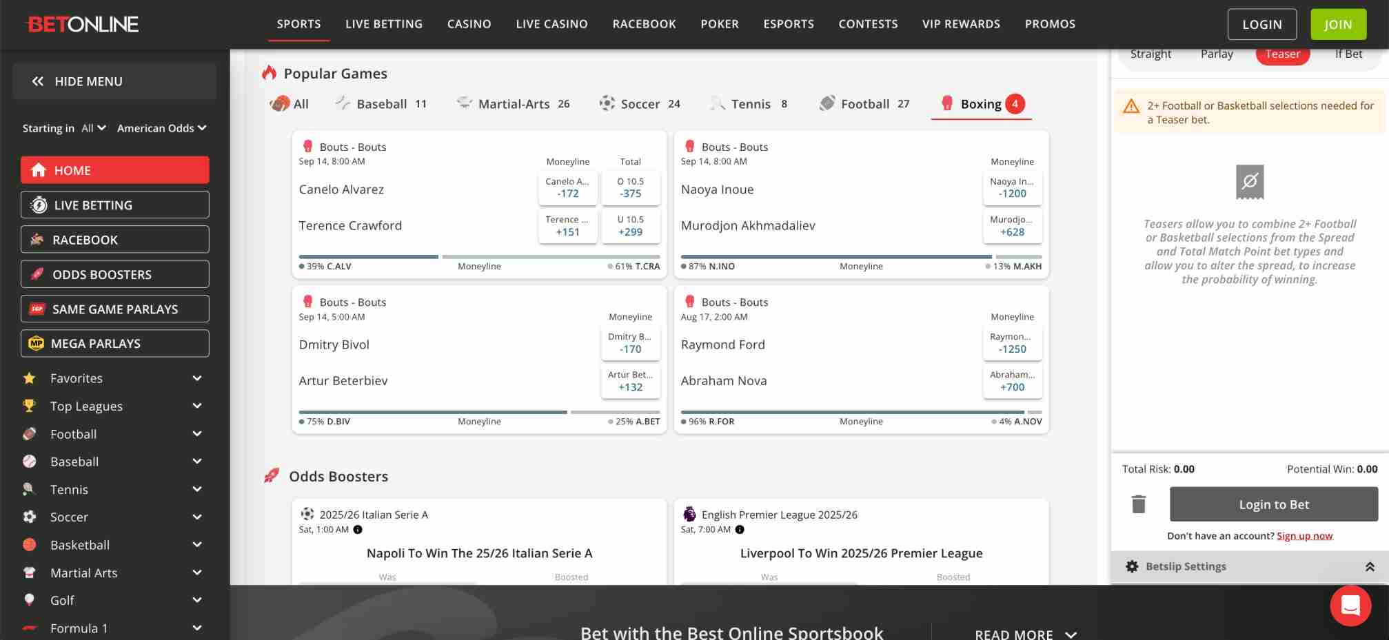BetOnline sportsbook dashboard displaying popular boxing games and moneyline odds, part of the betting journey before figuring out how to withdraw from BetOnline in Vietnamt.