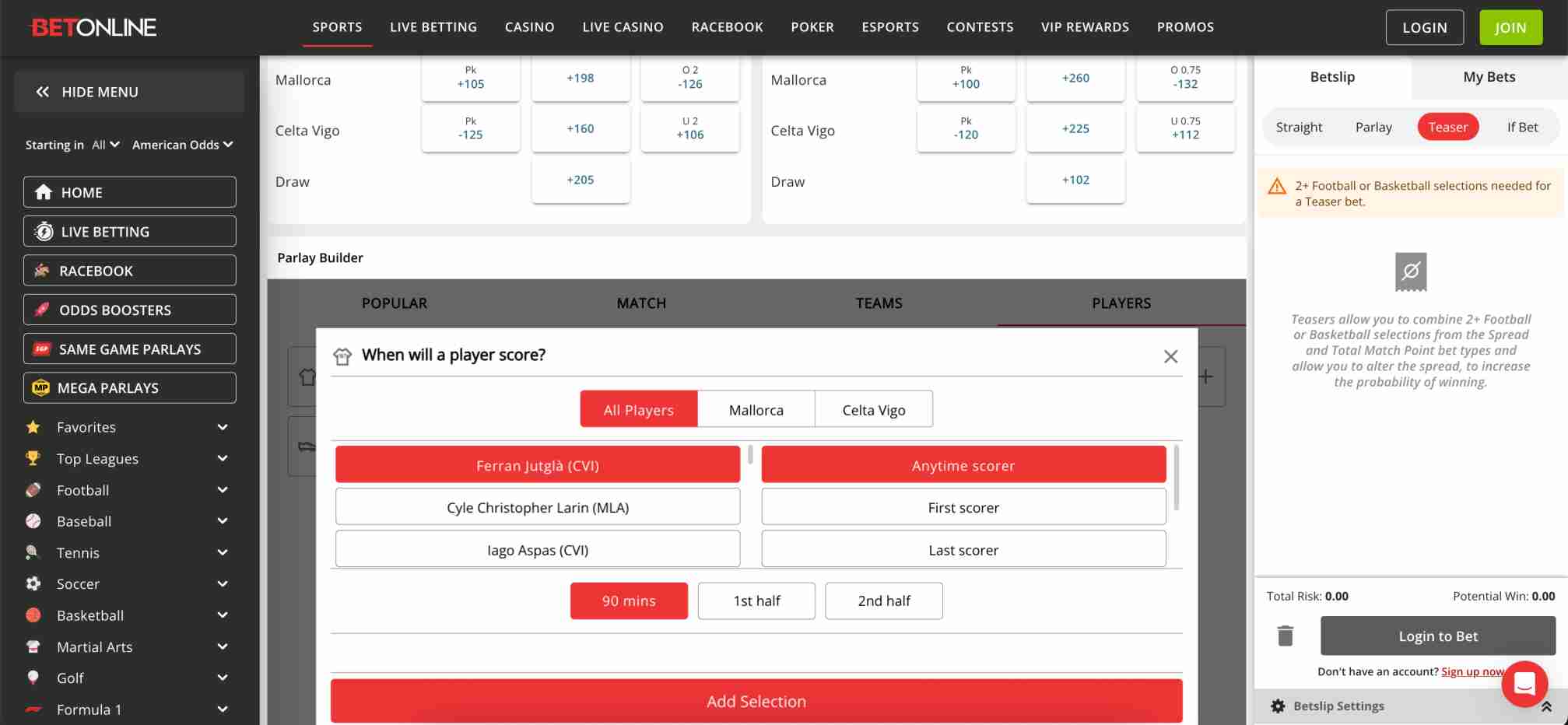 BetOnline soccer betting screen with Mallorca vs Celta Vigo odds and player scoring markets