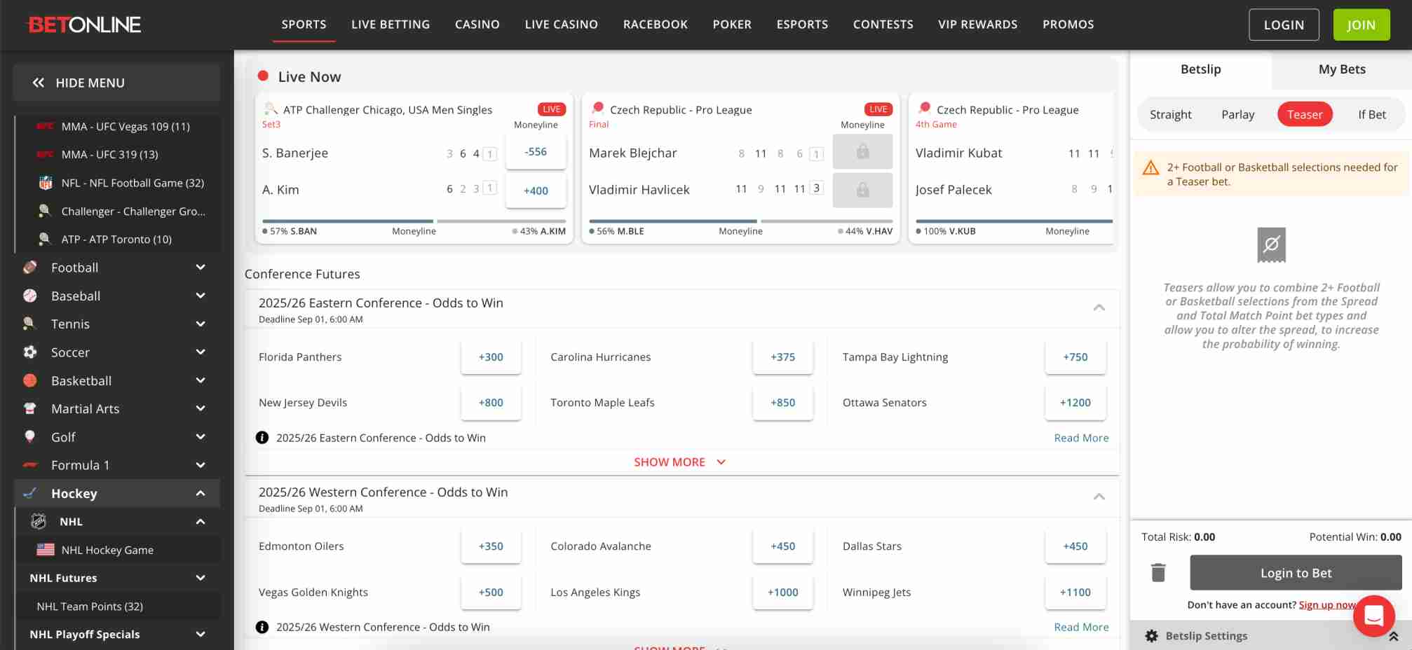BetOnline sportsbook displaying live odds and conference futures for various sports, relevant when exploring does BetOnline accept Airtel Money.