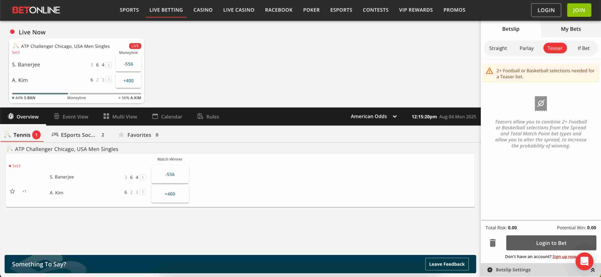 Detailed view of a BetOnline live tennis match interface, showing match winner odds and teaser bet slip section