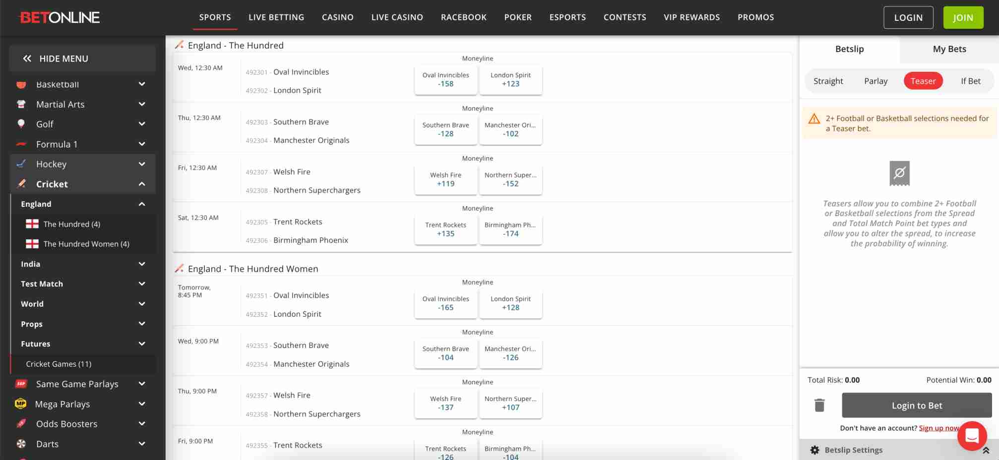 BetOnline showing cricket odds for The Hundred and The Hundred Women matches.