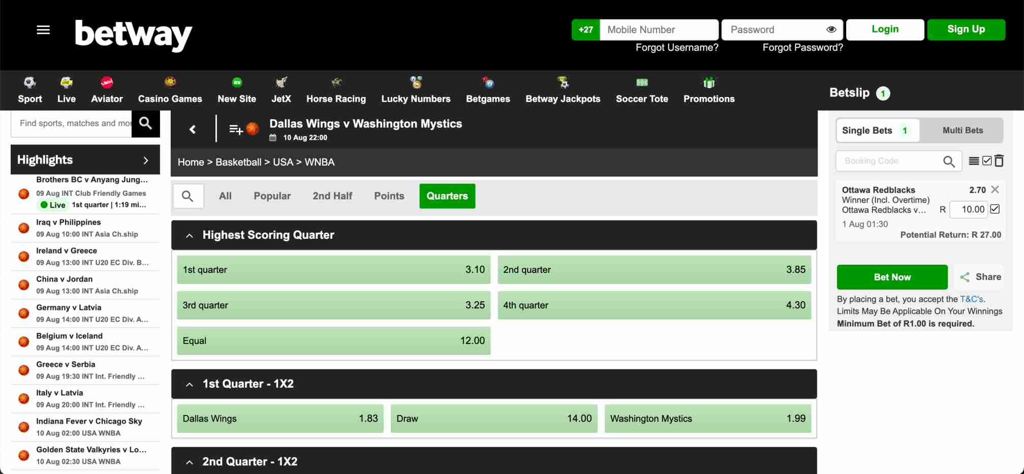 Betway betting interface with quarter-by-quarter odds for Dallas Wings vs Washington Mystics in the WNBA.