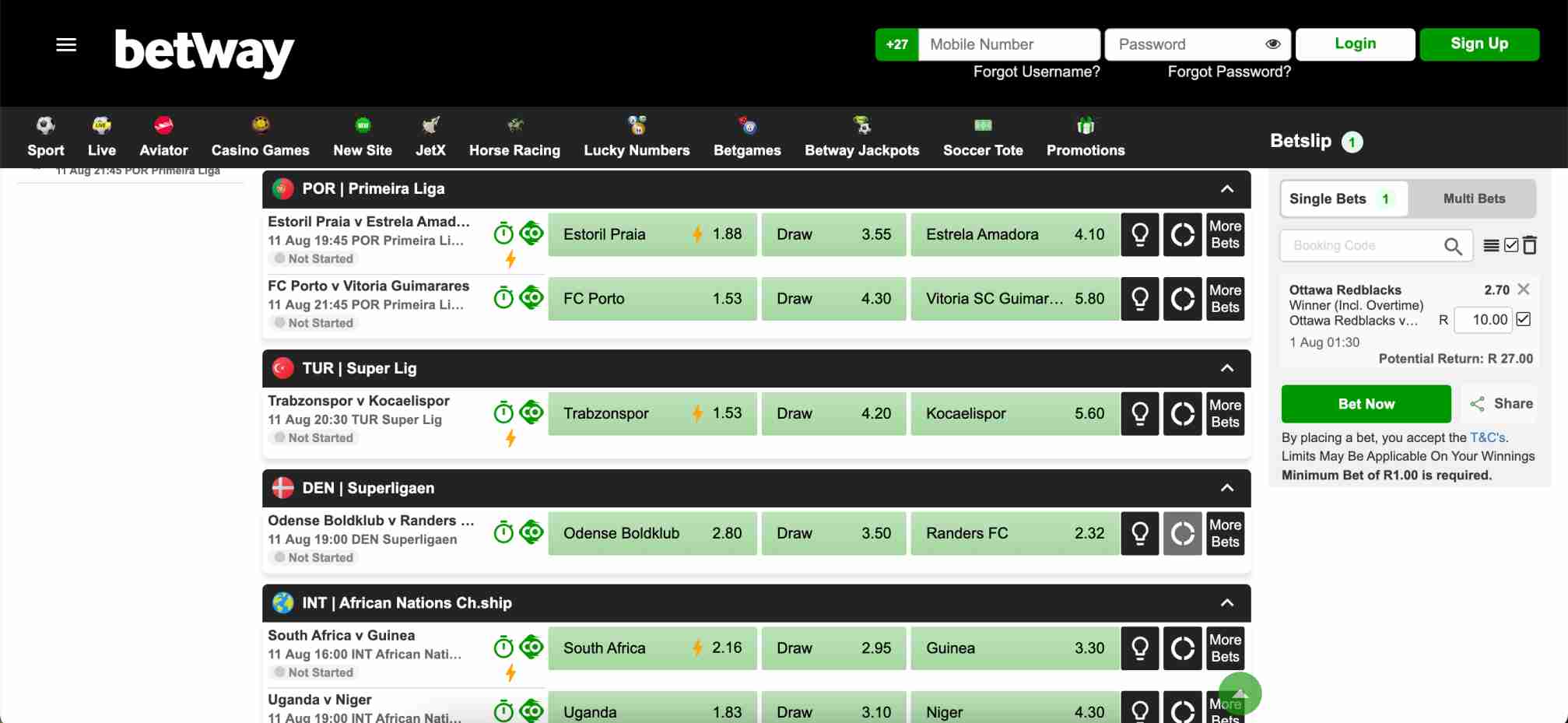 Betway football betting odds for Primeira Liga, Super Lig, Superligaen, and African Nations Championship matches
