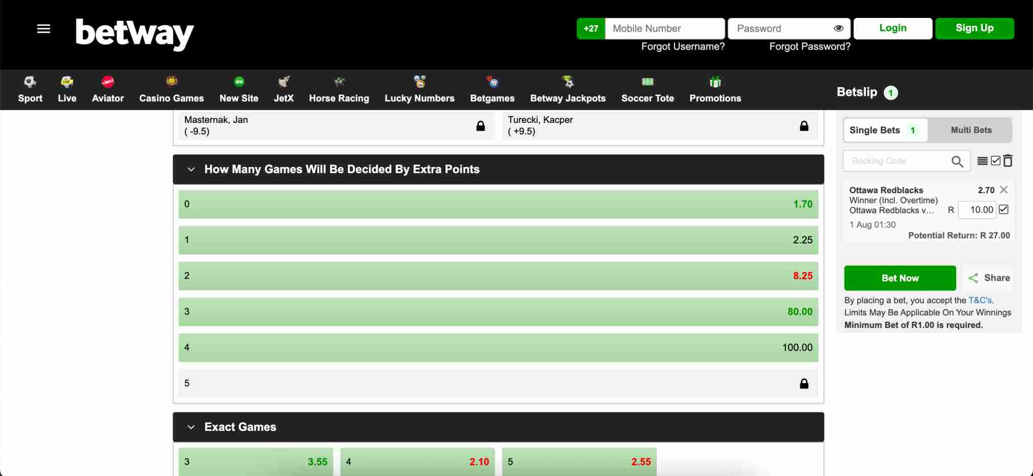 Betway betting market showing game points and exact games odds