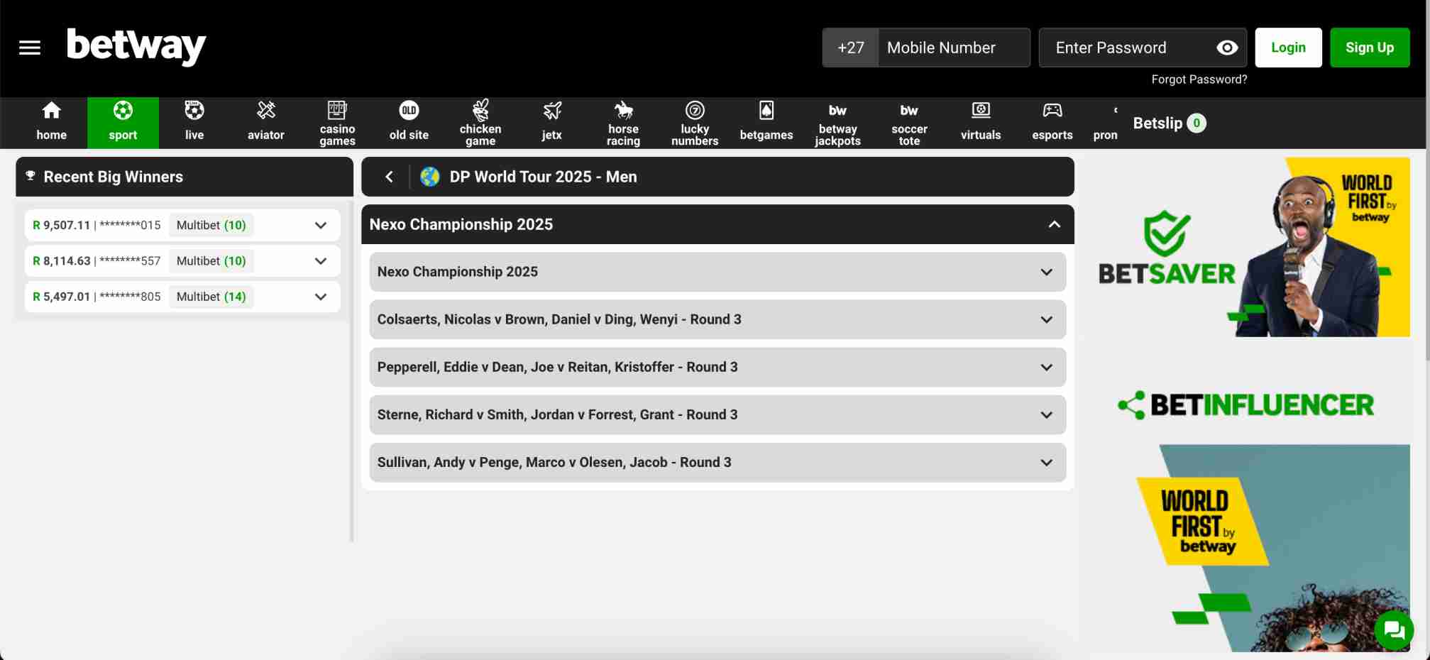 Betway DP World Tour 2025 golf betting page showing Nexo Championship matchups