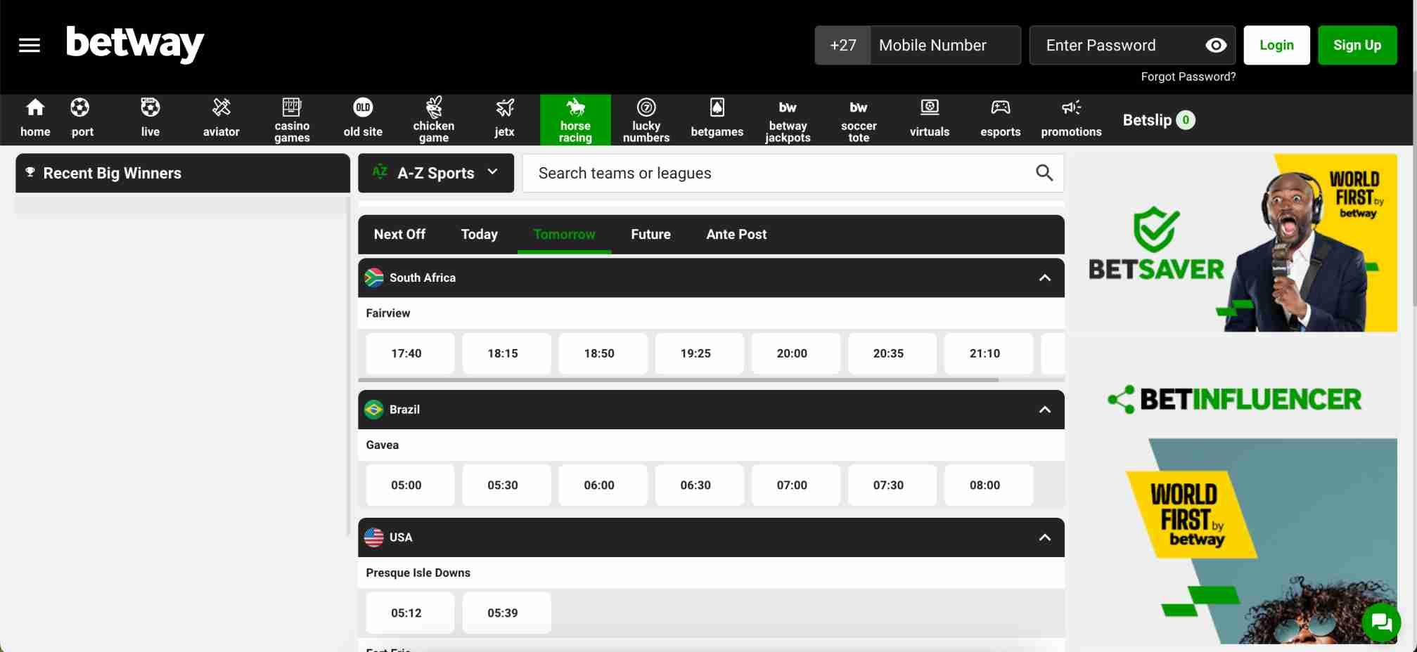 Betway horse racing schedule displaying upcoming races in South Africa, Brazil, and USA