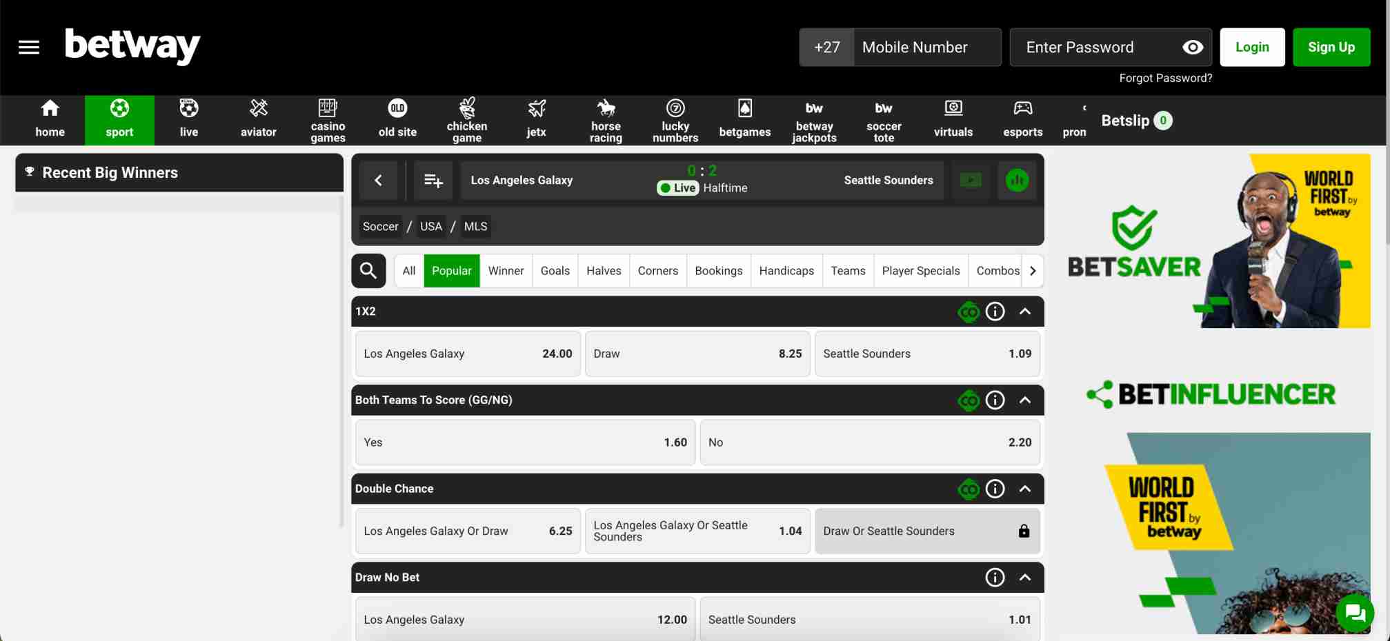 Live betting screen on Betway showing MLS match odds, betting options, and promotions.