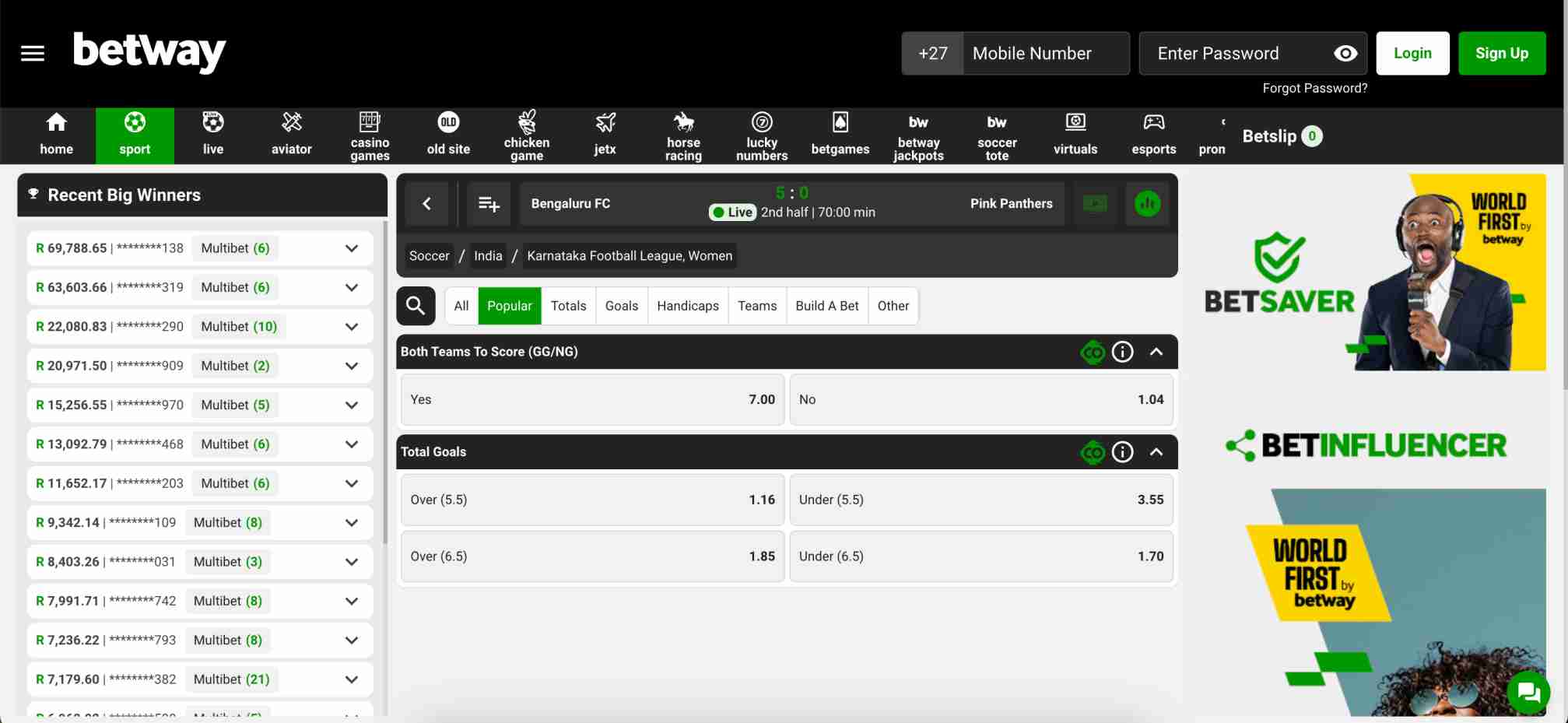 Live match betting screen on Betway featuring Bengaluru FC vs Pink Panthers, highlighting in-play odds and betting markets relevant while waiting for Betway account verification.