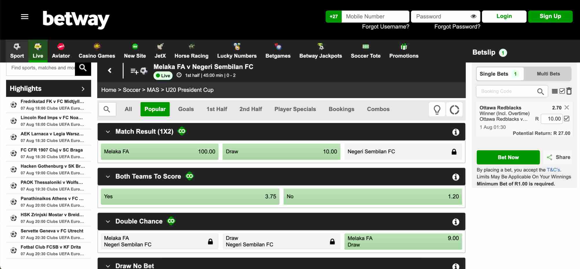 Detailed Betway match page displaying odds and betting options for a live football game — insight for those wondering is Betway available in Kenya.