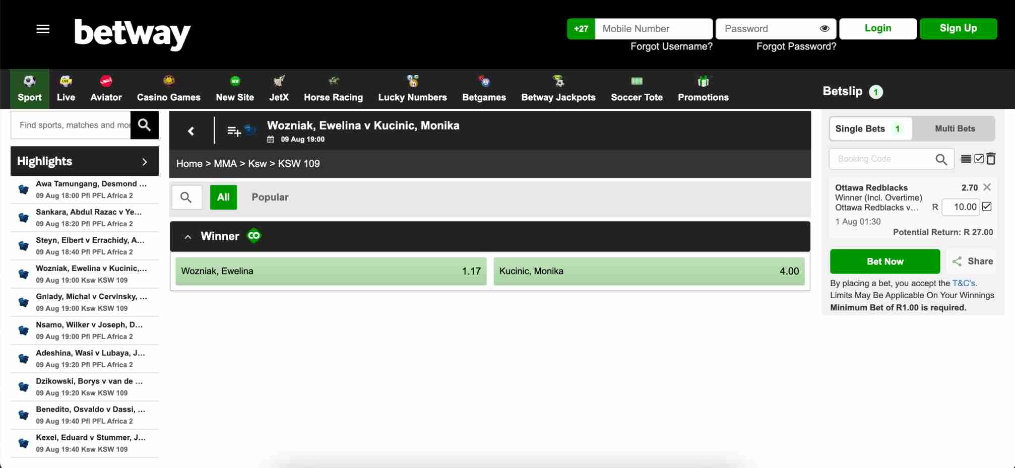 Betway MMA betting odds for Wozniak vs Kucinic fight, showing winner market for KSW 109 — does Betway accept JazzCash Pakistan