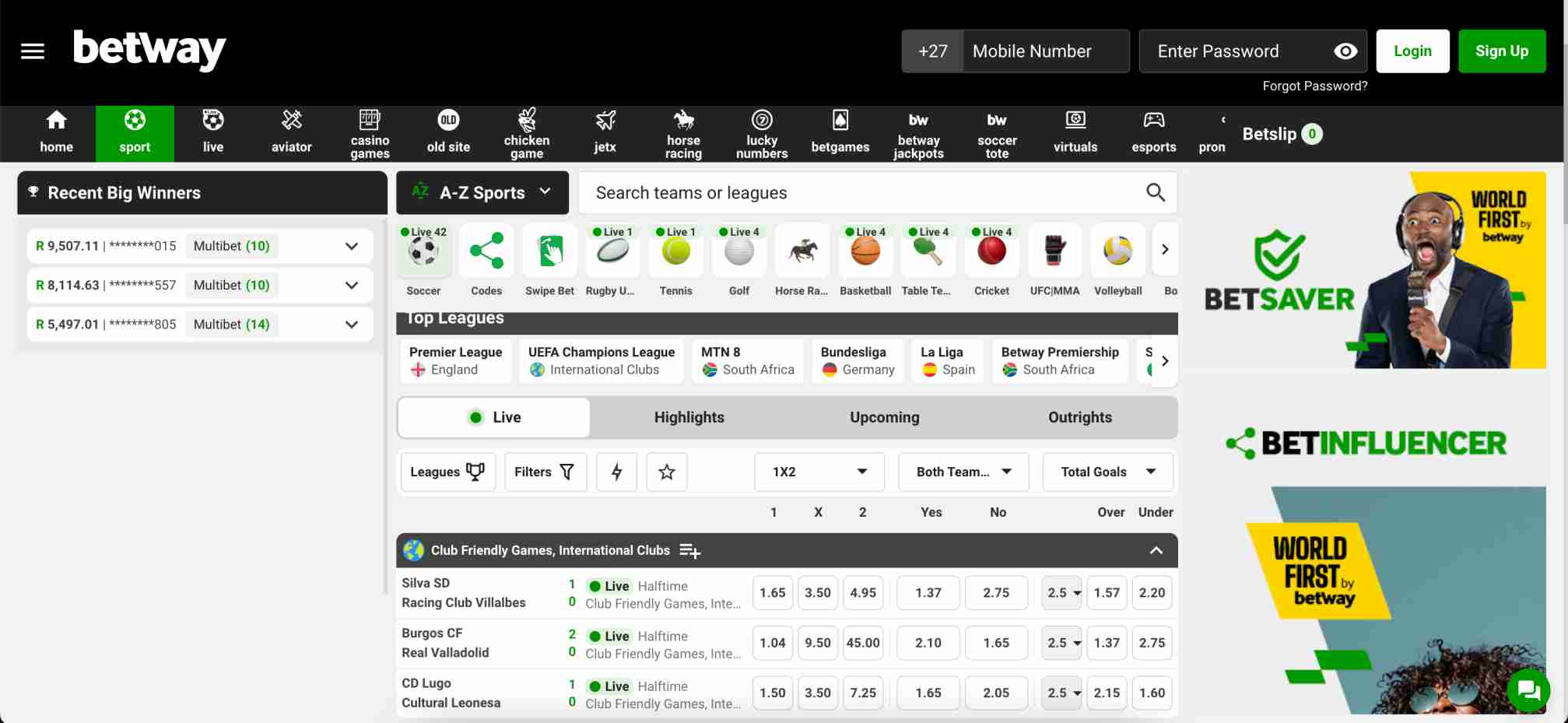 Betway sports betting interface with live football scores, odds, and betting markets