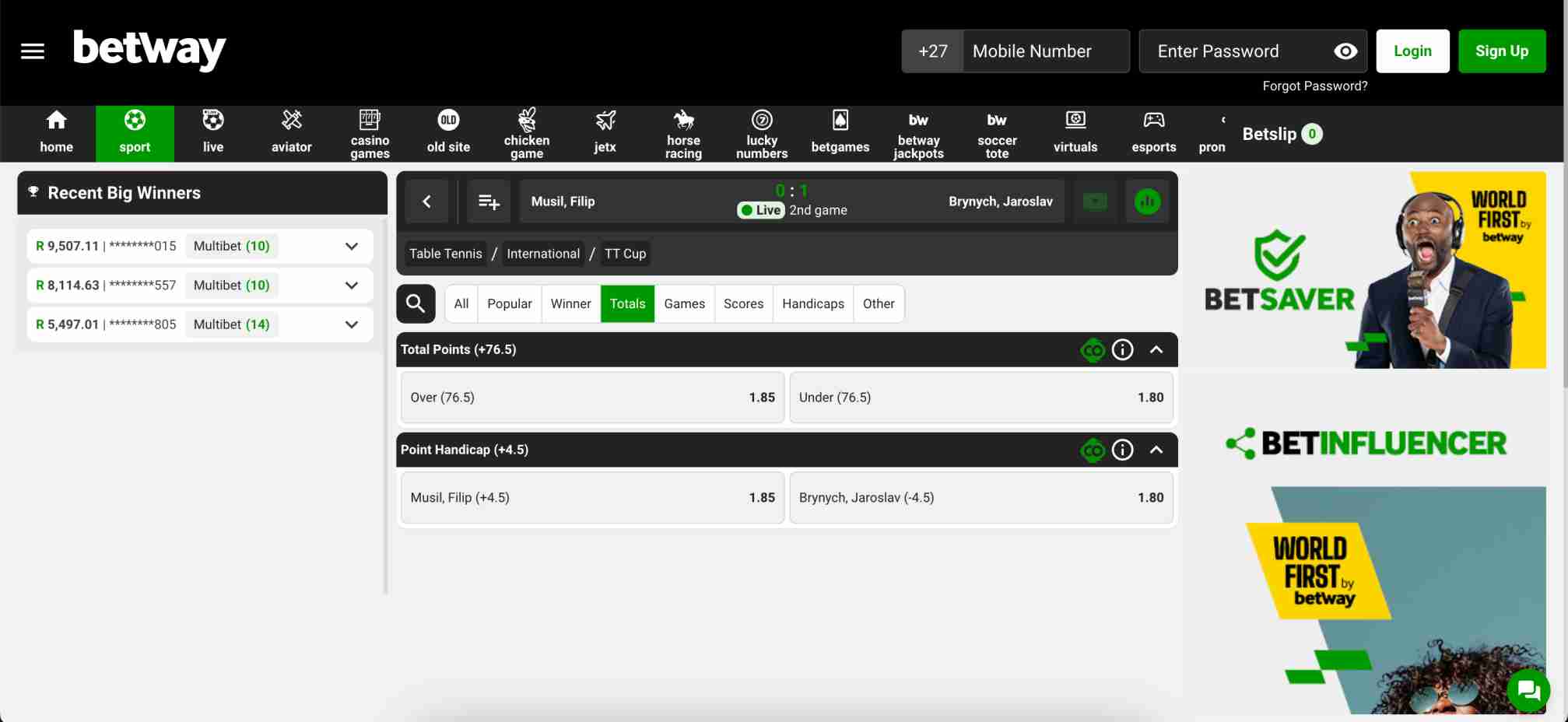 Betway live table tennis betting screen displaying total points and point handicap odds for Musil Filip vs Brynych Jaroslav.