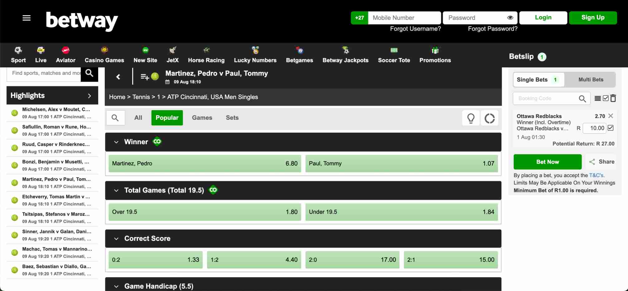 Betway tennis betting page displaying match odds, set scores, and game totals.