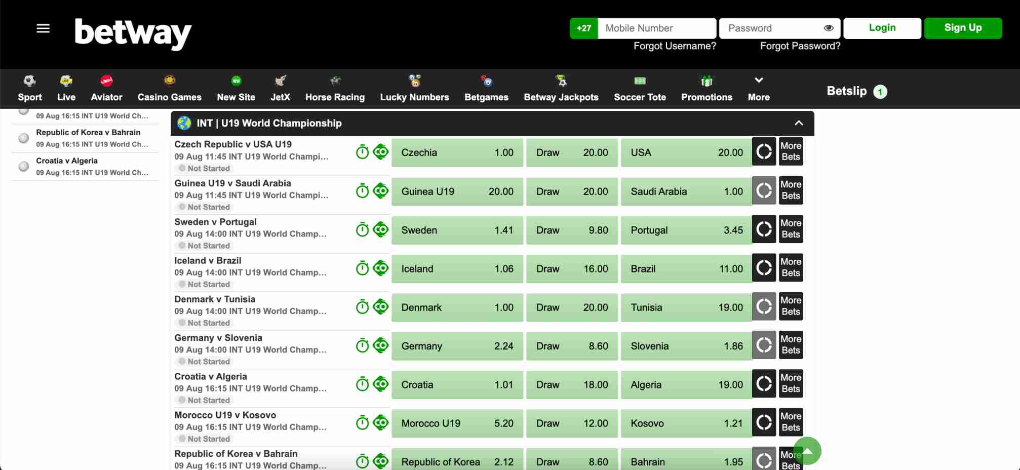 Betway international U19 World Championship betting odds and upcoming matches displayed on the sportsbook interface.