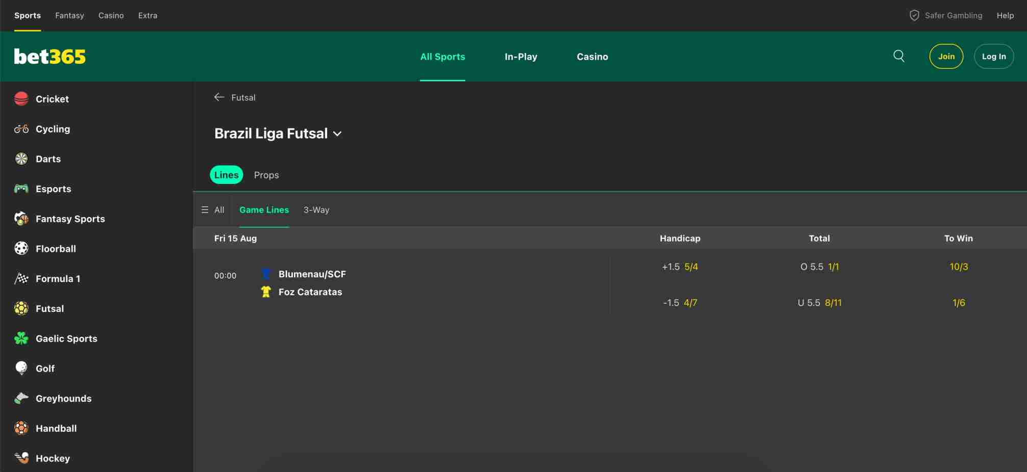 Bet365 Brazil Liga Futsal betting odds for Blumenau/SCF vs Foz Cataratas, including handicap, total goals, and win prices.