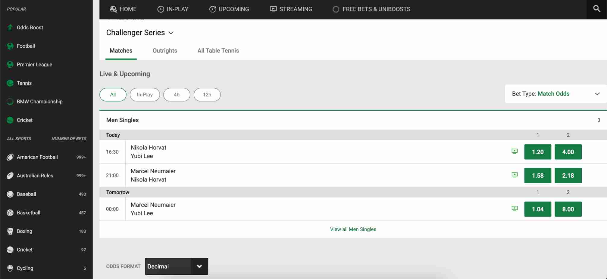 Live and upcoming Challenger Series tennis match odds on Unibet, showing players Nikola Horvat, Yubi Lee, and Marcel Neumaier.