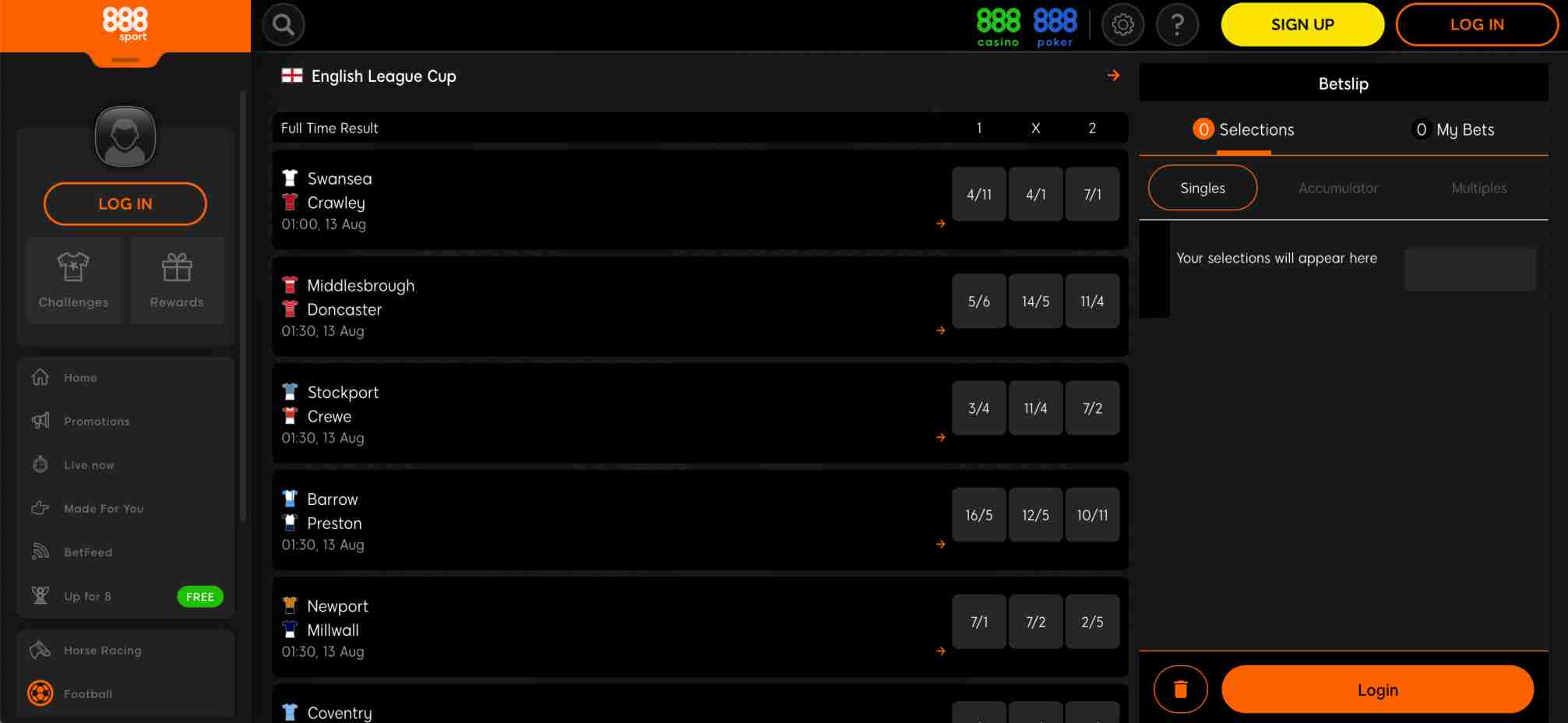 English League Cup betting odds on 888sport showing upcoming matches, times, and full-time result betting options