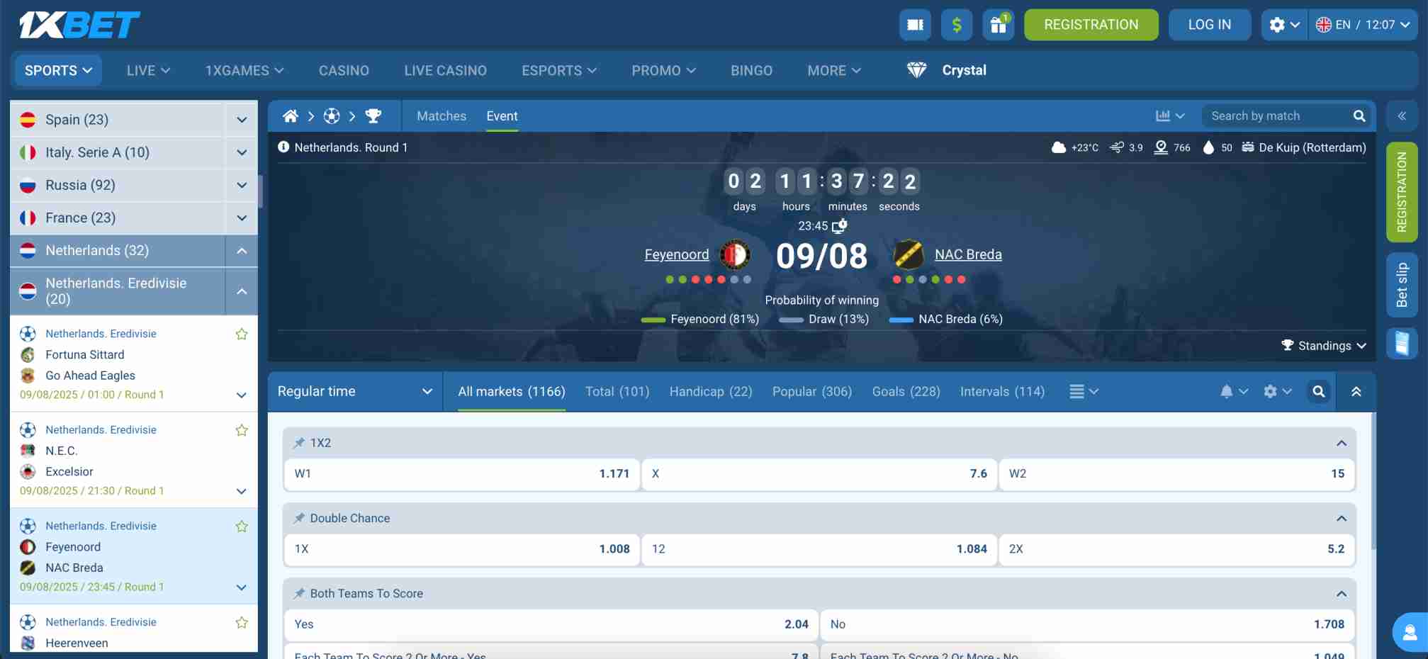 Upcoming Eredivisie match between Feyenoord and NAC Breda with detailed odds and market options on 1xBet.
