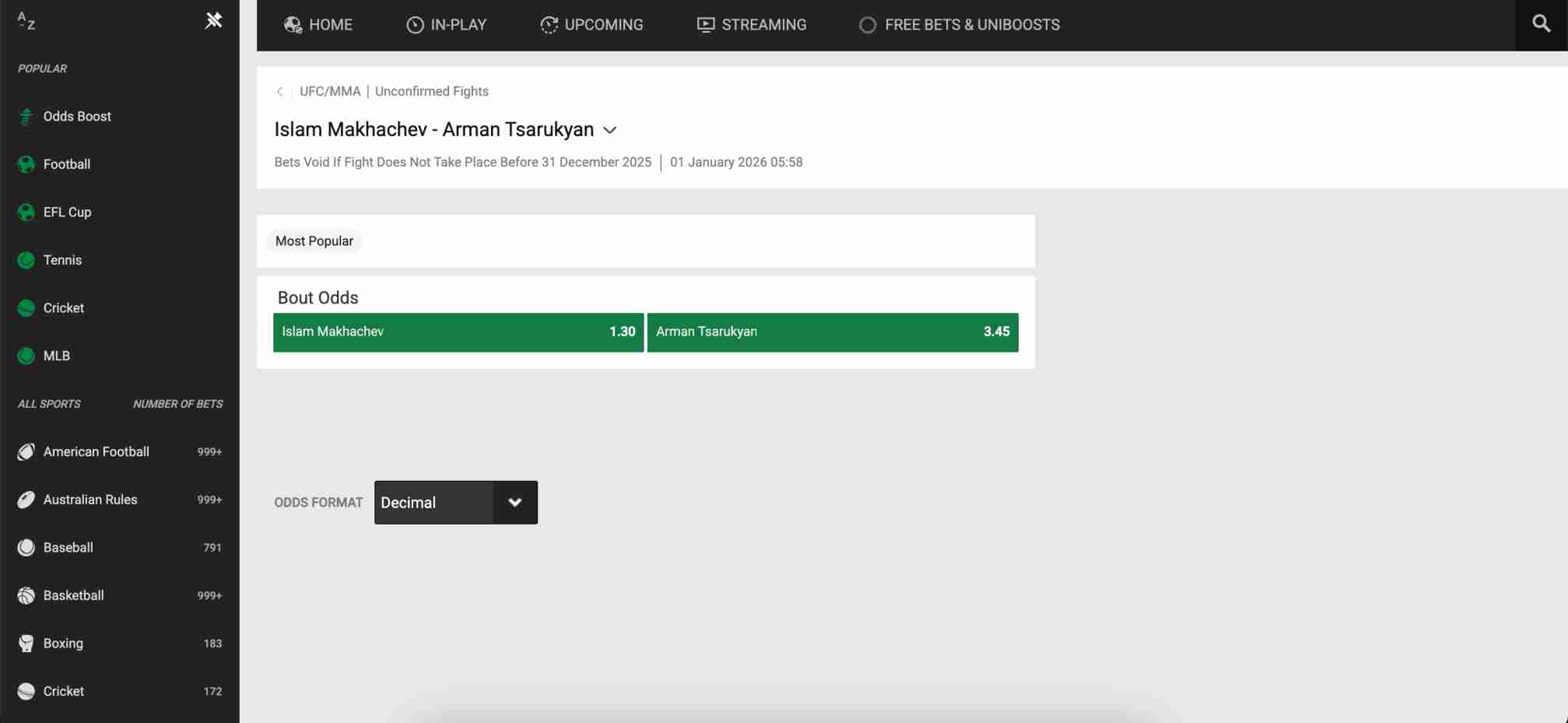 Unibet betting odds for the unconfirmed UFC fight between Islam Makhachev and Arman Tsarukyan scheduled for early 2026.