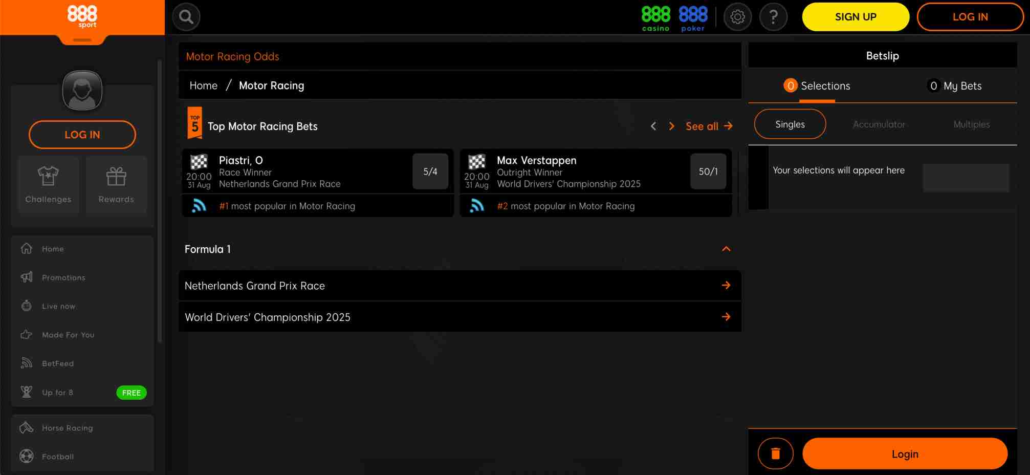 Motor racing betting odds on 888sport, featuring Netherlands Grand Prix and World Drivers’ Championship markets.