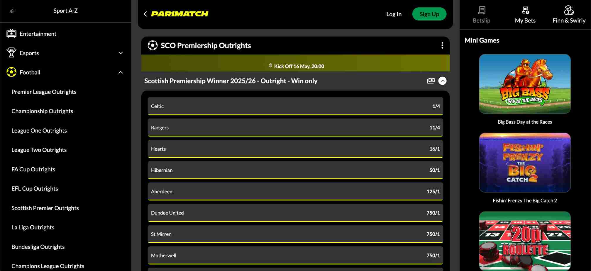 Parimatch interface displaying 2025/26 Scottish Premiership outright odds for multiple teams, part of research into whether Parimatch accepts Google Pay.
