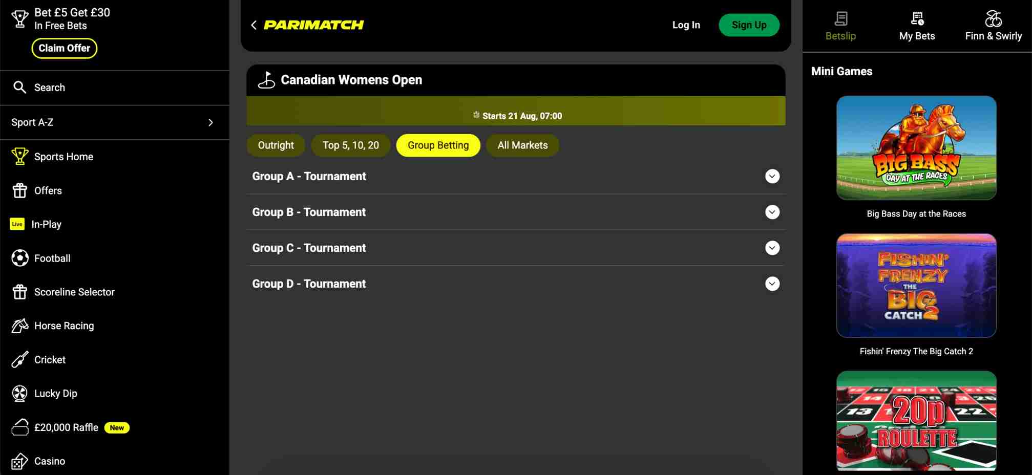 Screenshot of Parimatch Canadian Women’s Open group betting markets including Group A, Group B, Group C, and Group D tournament options.