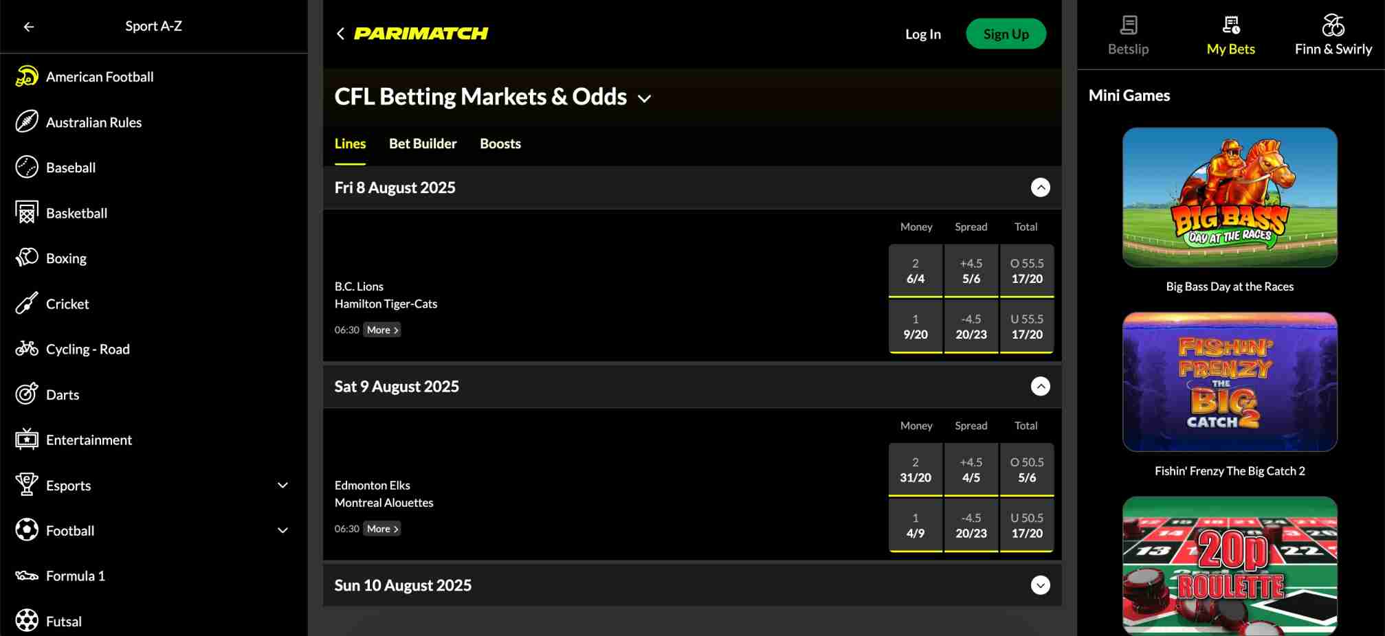 CFL betting markets on Parimatch featuring upcoming games and odds, relevant to those asking will Parimatch come back to Ghana.
