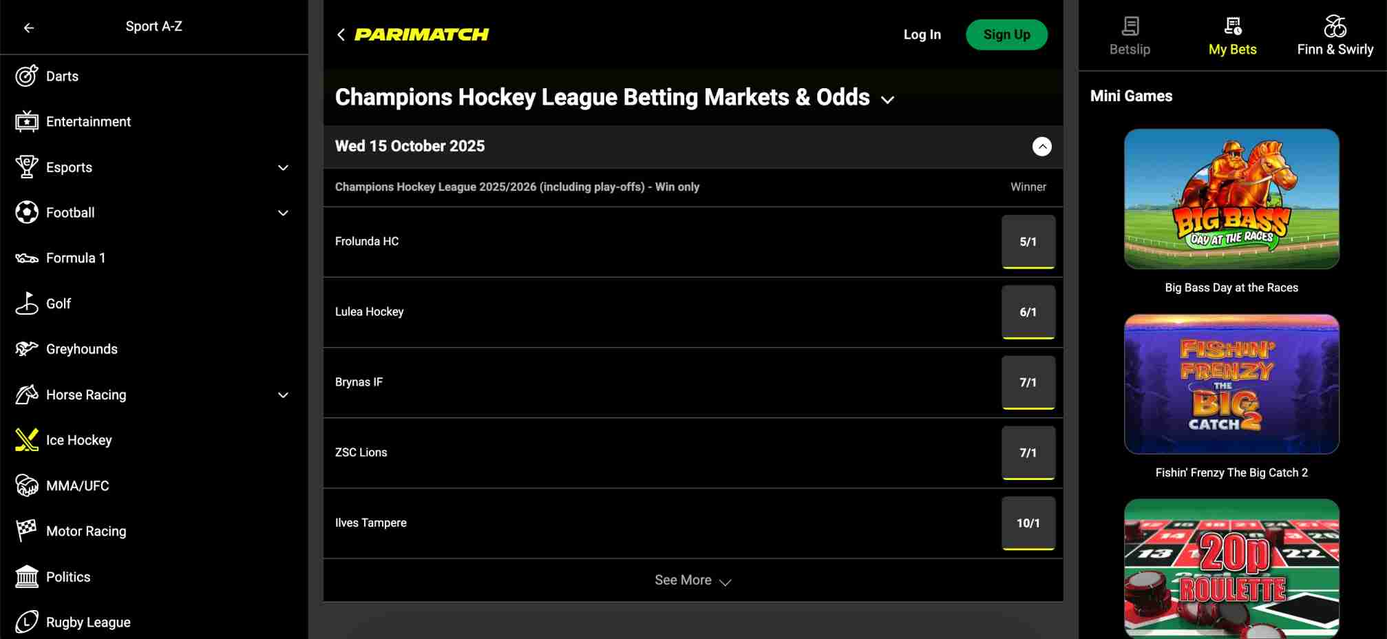 Parimatch Champions Hockey League betting odds screen for teams including Frolunda HC and Lulea Hockey.