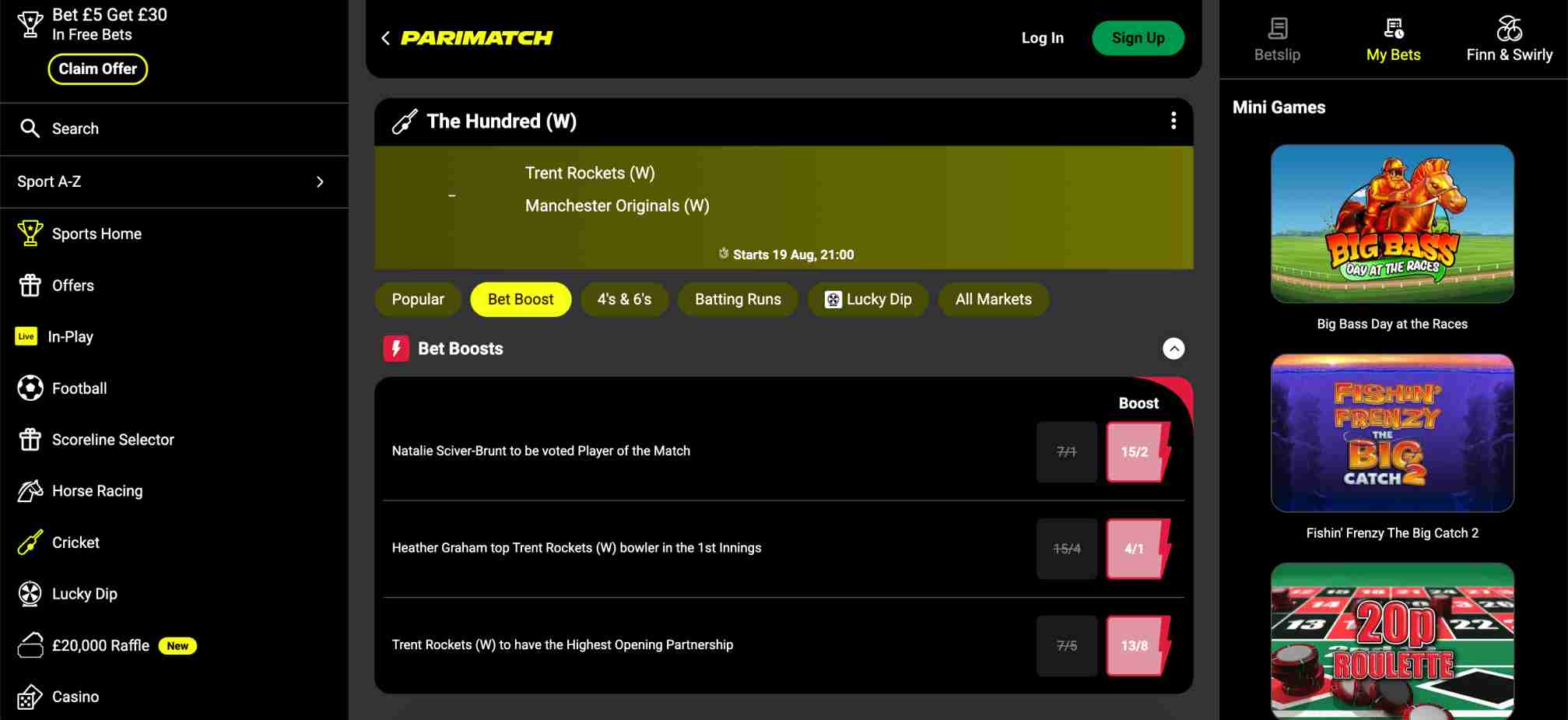 Parimatch cricket betting interface with boosted odds and bet options displayed.