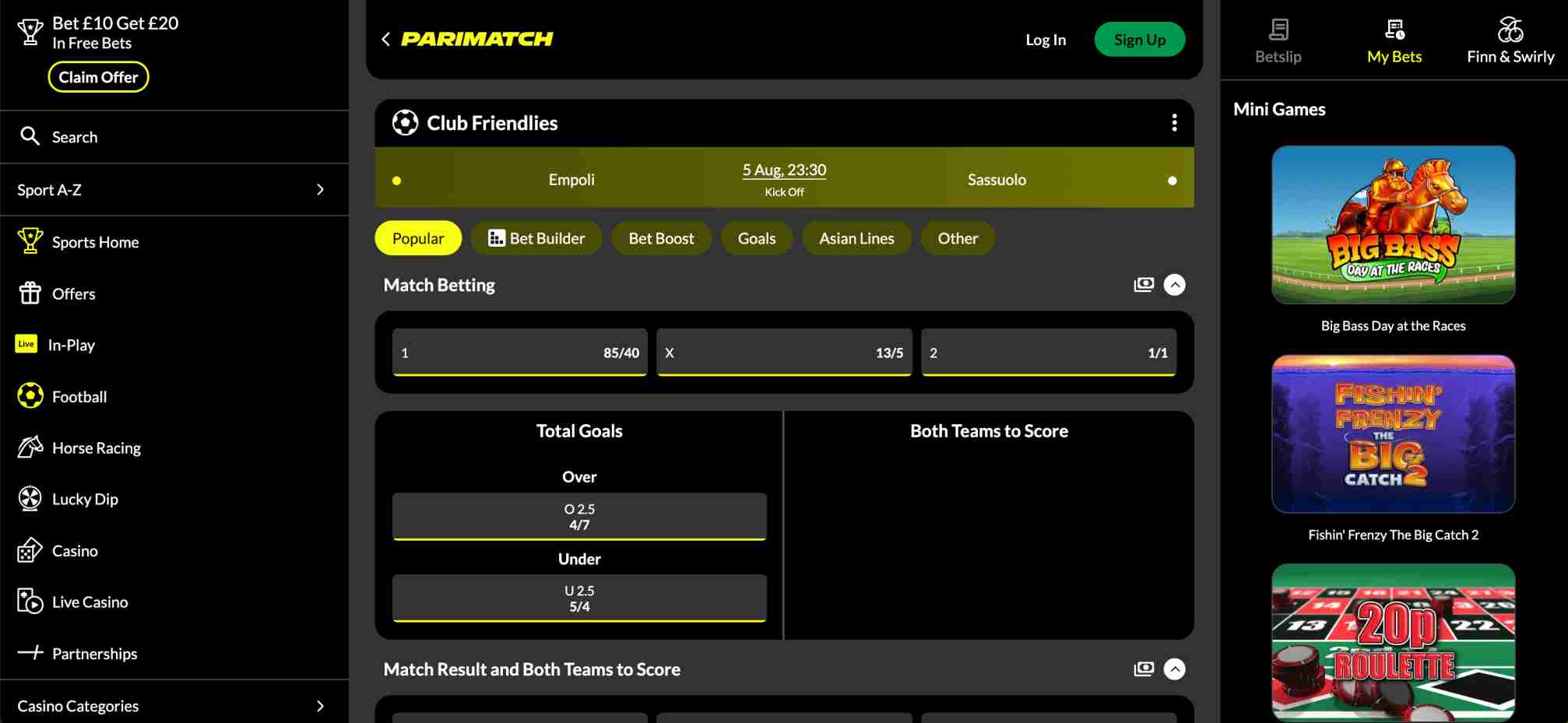 Parimatch betting odds for the Empoli vs Sassuolo Club Friendly, displaying match result and total goals options relevant to users researching what are Parimatch enhanced prices.